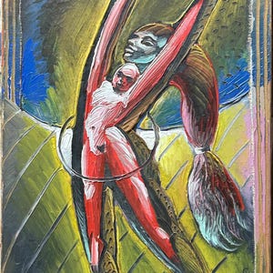 Vintage oil painting, Scene Curiosity with surrealistic woman,  Handmade  Original oil painting, 1987, Signed