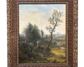 Landscape Barbizon School Trees Sky Lake  Nature, Antique Oil  painting, Original Antique Oil painting 19 century, Signed, Framed