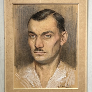 Portreat Man Antique  Original Pencil Pastel Drawing, Male Portreat , Model  1935 Paris