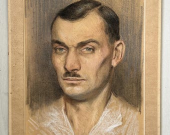 Portreat Man Antique  Original Pencil Pastel Drawing, Male Portreat , Model  1935 Paris