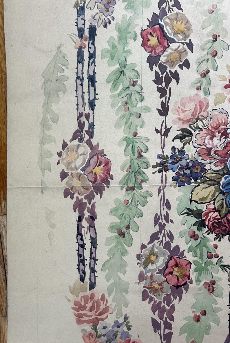 Vintage Floral Wallpaper Sample Antique Rose Bouquet Garland Pattern ...