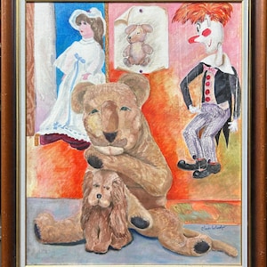 Character Group Dolls, Original  Vintage Oil on canvas  painting 1960’s  expressive oil painting with frame, Signed