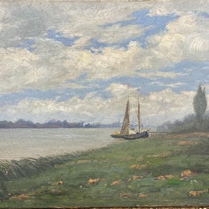 Landscape Riverscape Sky Nature, Antique Oil  painting, Original Antique Oil painting 19 century, Signed