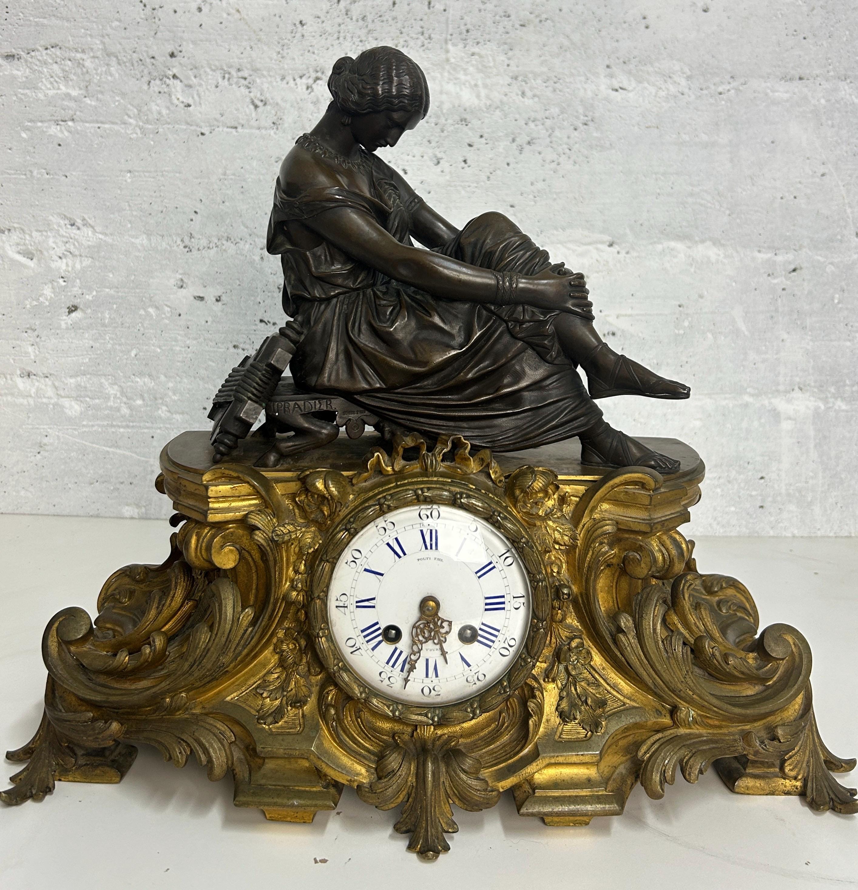Antique French Bronze Clock, Sappho Statue, Signed J. Pradier & H
