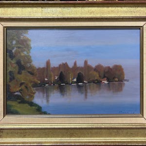 Vintage France Oil  painting, Riverside Sky Landscape Scenariy Trees, Framed, Signed