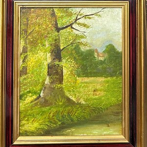 Small Landscape Original Antique Oil  on cardboard Painting, Hand Made, Sunny Day, Garden nature