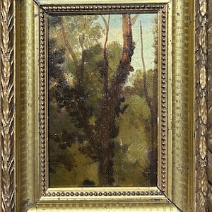 Small landscape forest view  nature, framed original Antique oil painting