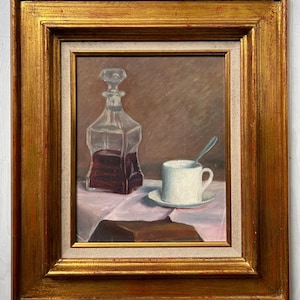 Still Life Scene with Carafe Cognac and Cofe Multi Color Oil Antique Painting,  Framed,  Hand Made