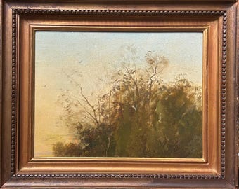 ヴィンテージの秋の風景画、フランスの油絵の森、秋の木々の絵画、1980