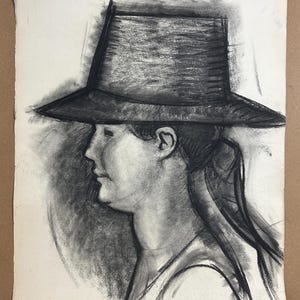 Female Girls portrait Large Original Pencil Drawing, Original Coal Drawing on Paper