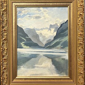 Antique  Oil  painting, Beautiful Antique Original Mountain Landscape Sky, Oil  Painting, Lake View, Framed