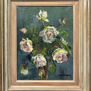 Antique Original oil canvas painting, Vintage  Oil Canvas painting, Rose  Floral Still Life, Framed, Handmade,