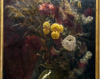 Large Bouquet Floral Still Life, Antique Original oil painting 1860’s  Signed, Framed