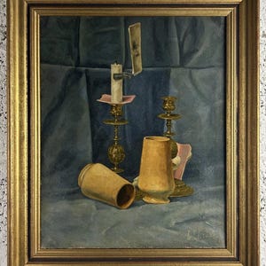 Antique Art Original Still Life With Candelabrum Oil canvas Painting, Framed, Signed, Hand Made, Framed
