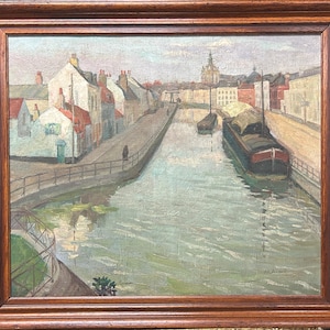 Impressionism Cityscape bridge Old center city Riverscape, original Antique oil canvas painting, Signed, Framed