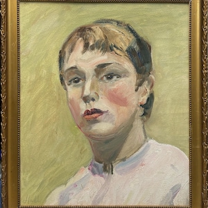 Female Portrait Original Antique Oil painting 1940’s Beauty Girl Expressive Hand made, Signed, Framed