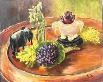 French Still Life Oil Painting, Flowers & Fruit, Framed Antique Art