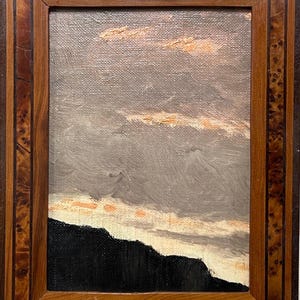 Small Original Antique Mountain Sky Landscape Oil Painting Canvas on Cardboard, Hand Made, Framed