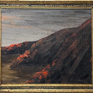 Small Mediterranean view seascape nature  waterfront mountain,  framed original Antique oil painting