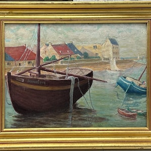 Seaboat seaport France Seascape Yachting Boat , Framed, Original Antique oil painting