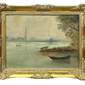 Impressionism Landscape Lake Nature forest sky,  original Antique oil canvas painting, Framed