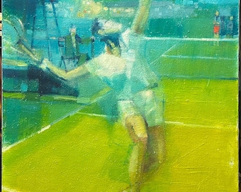 Vintage Tennis Player Oil Painting, Signed Original Art (81x56 cm)
