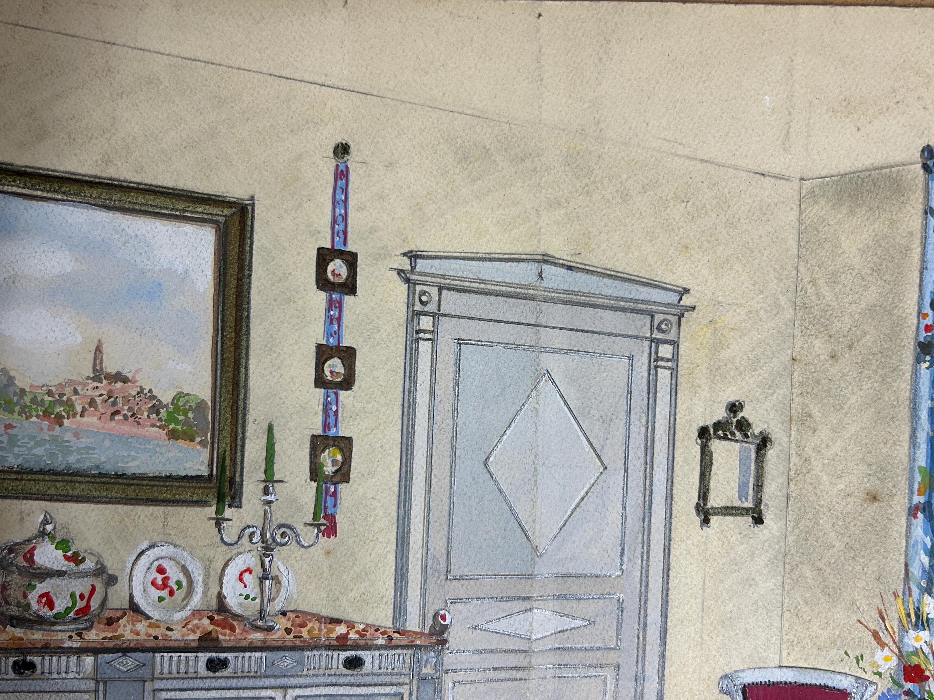 Antique French Interior Watercolor Painting, Signed Dennemor - Etsy