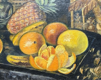 French Still Life Oil Painting, Flowers & Fruit, Framed Antique Art