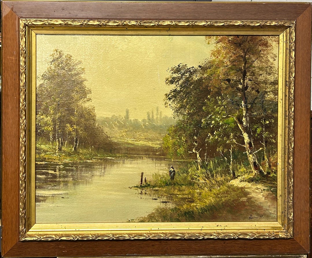 Antique Landscape Oil Painting, River Forest Scene, Framed 19th Century ...