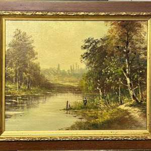 Landscape Nature Lake Forest Sky, Antique Oil  painting, Original Antique Oil painting 19th century, Framed, Signed