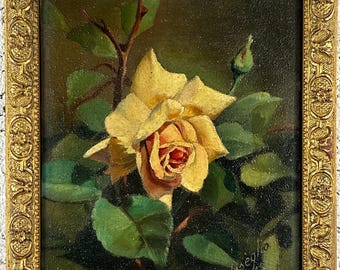 Antique Rose Oil Painting, Floral Still Life, Signed, Framed