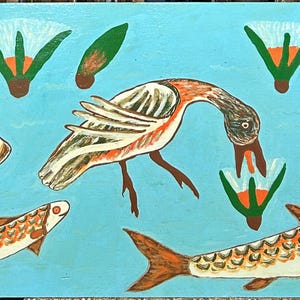 Large Naive Original oil painting The  scene with fish Original Multicolored Vintage Oil painting 1950-70’s   Animal Portrait, Expressive