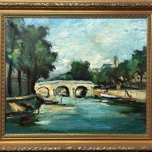 Beautiful View Seine Paris, Original Antique Cityscape Oil Painting, Oil on Canvas painting, Landscape Scenariy Paris bridge, Framed