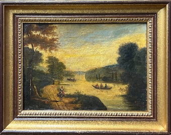 Original Antique Oil Painting, Landscape Lake Trees, Framed