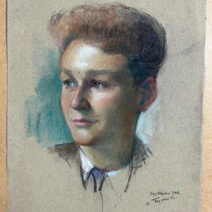 Portrait Man Antique  Original Pencil Pastel Drawing, Male Portreat , Model  1935 Paris