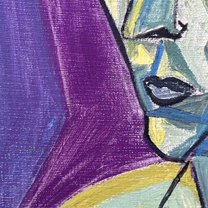 May include: Abstract painting with a close-up of a face. The face is made up of geometric shapes in shades of blue, yellow, and green. The background is a deep purple.