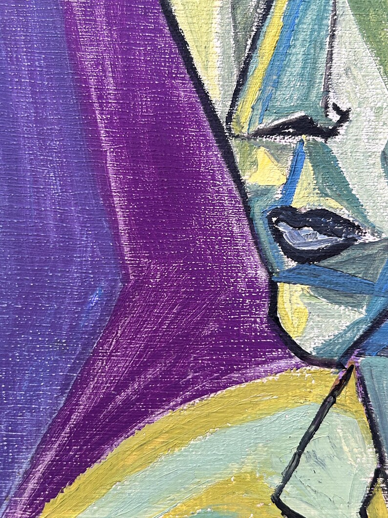 May include: Abstract painting with a close-up of a face. The face is made up of geometric shapes in shades of blue, yellow, and green. The background is a deep purple.