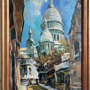 Paris Antique Oil painting, Sacred Heart of Montmartre Cityscape, Original oil painting,  Cityscape