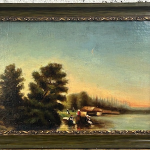 Original Antique Landscape Lake Young Moon, Oil canvas Painting, Hand Made, Framed