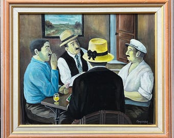 Vintage Oil Painting, Friends Playing Cards, Signed Chopinez, Framed