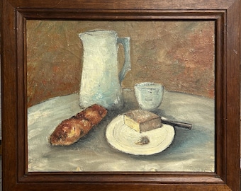 Breakfast Still Life Scene with Cheese,   baguette and teapot, Oil Painting on Canvas, Hand Made, Framed