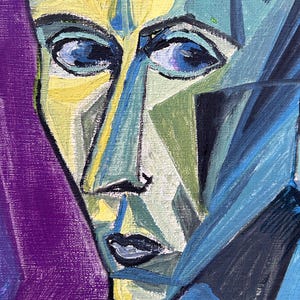 Male portreat Man , Vintage Original oil canvas painting, Cubism Handmade Art 1950’s image 6