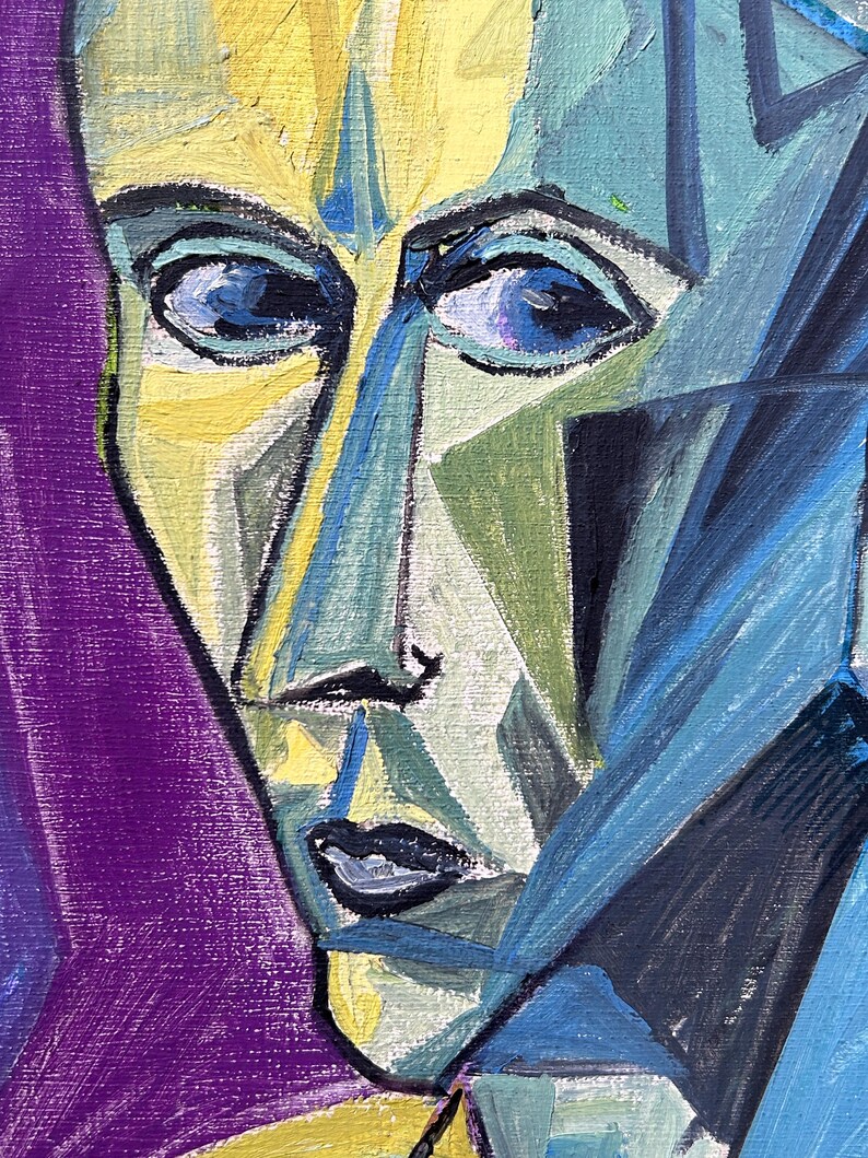 Male portreat Man , Vintage Original oil canvas painting, Cubism Handmade Art 1950’s image 6