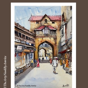 Porbandar Street Scene Watercolor Painting, Gujarat Cityscape Art, Indian Urban Landscape, Handmade Watercolor