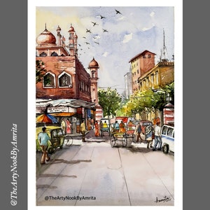 Indian cityscape watercolor painting original gallery wall art Old Delhi street scene home decor art living room painting boho wall decor image 1