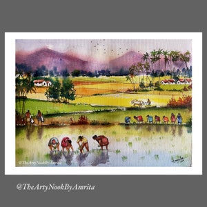 Indian village scene watercolor painting/ Indian countryside scenery/ Paddy fields gallery wall art/ home decor art/ Living room painting