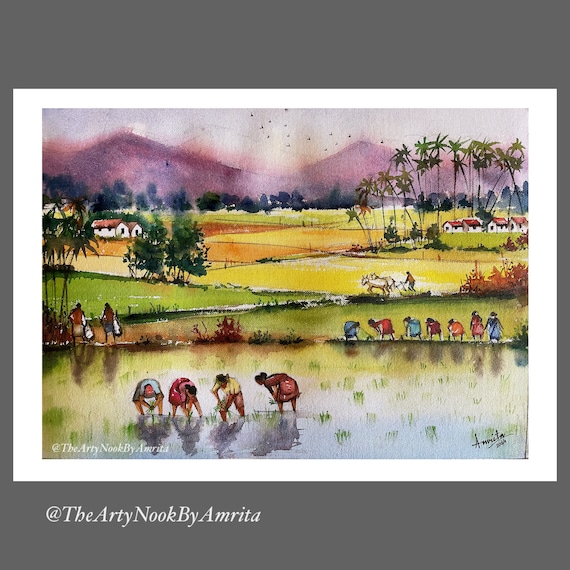 Indian village scene watercolor painting/ Indian countryside ..., حجم الصورة 570x570