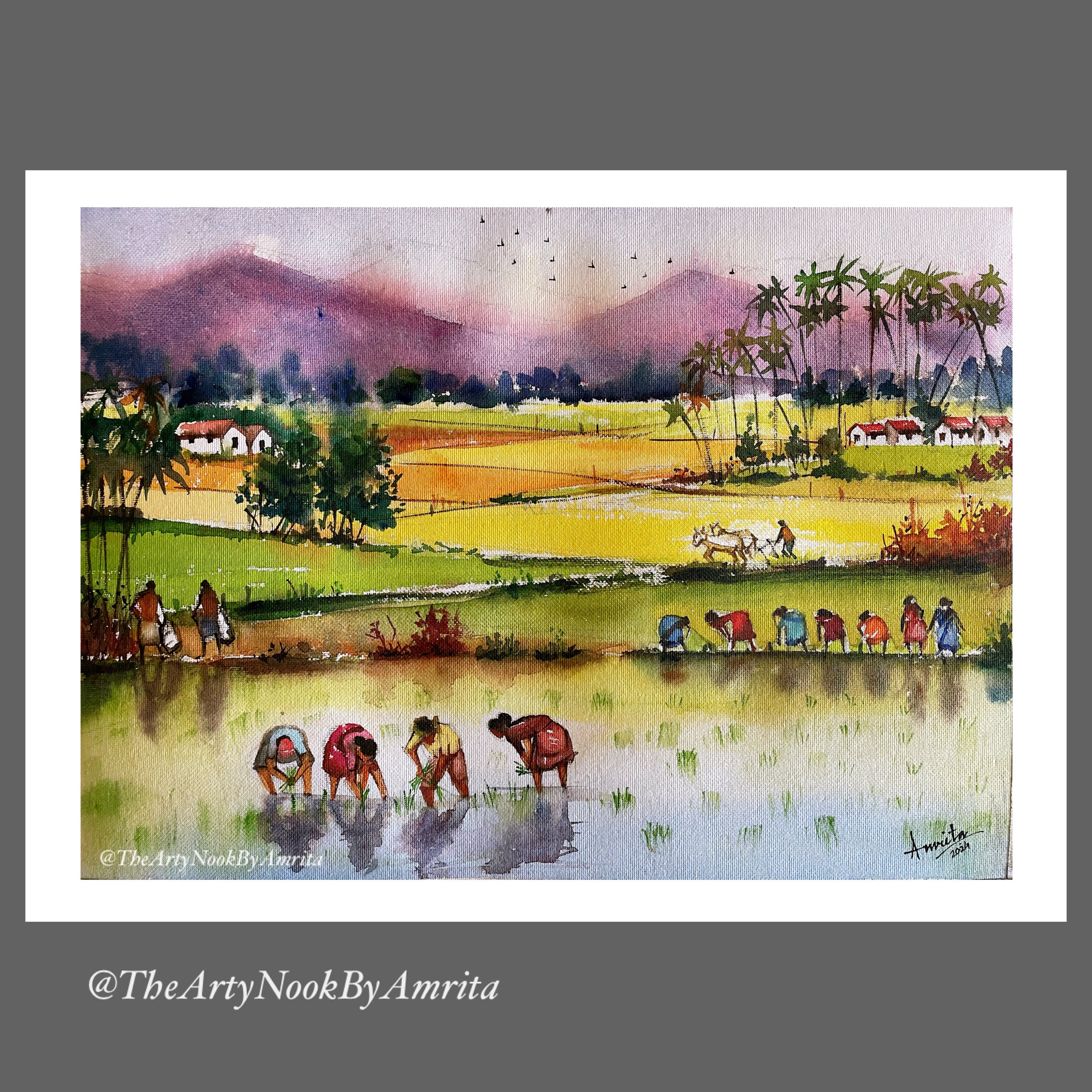 インドの村の風景の水彩画/インドの田舎の風景/水田のギャラリーの壁