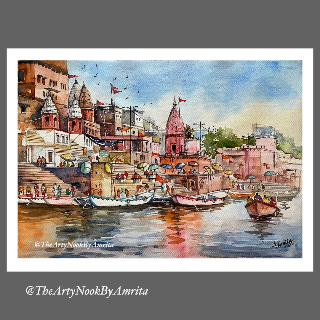Banaras Cityscape Watercolor Painting/varanasi Ghats Riverscape/boat