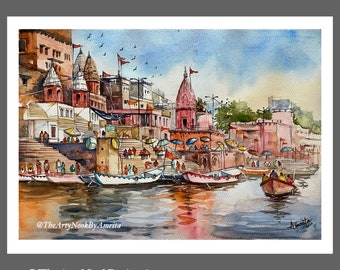 Original Watercolor Painting Varanasi Ghats, Ganges River Wall Art, Banaras India Cityscape, Travel Decor, Handmade Landscape Painting